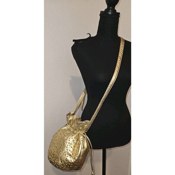 Viva Of California Gold Leather Studded Tassels Vintage Bucket Handbag 11x10x5 - Picture 2 of 14